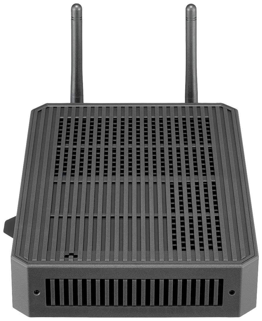 Čierny router s dvoma anténami, horizontálne orientovanými. Predná strana zobrazuje vetracie mriežky.