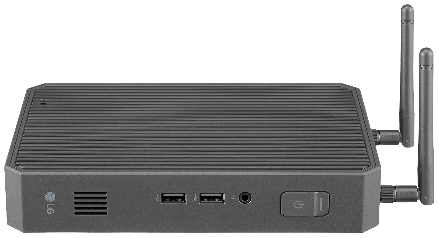 Čierny mini počítač od LG s vrúbkovaným povrchom, dvoma anténami, sieťovým vypínačom, vetracími otvormi, USB portami a audio konektorom na prednej strane.