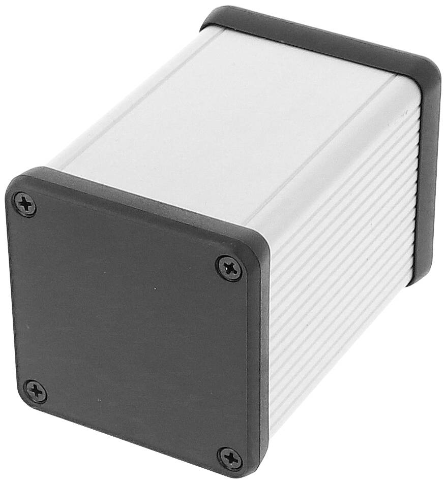 Kovový kryt pre elektroniku, obdĺžnikový, so zaoblenými rohmi a skrutkovými uzávermi na jednej strane.