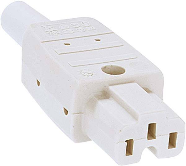 Biely, obdĺžnikový europlug s okrúhlou izolovanou kolíkovou lištou, vhodný pre malé prenosné zariadenia v Európe.