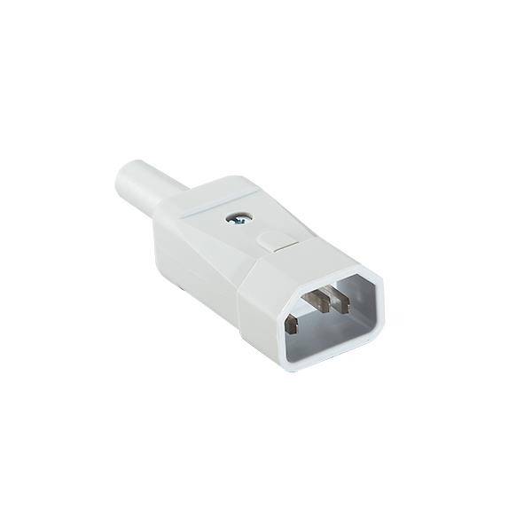 Biely IEC sieťový konektor s tromi kovovými kolíkmi, pohľad zhora. Konektor je šesťuholníkový a vhodný pre elektrické zariadenia.
