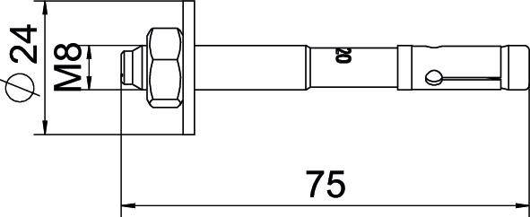 Technický výkres skrutky s metrickým závitom M8. Celková dĺžka je 75 mm, priemer hlavy 24 mm.