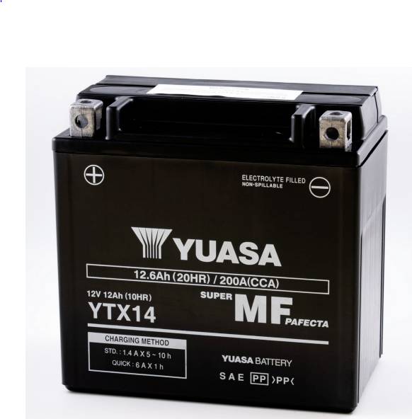 Čierna autobatéria značky Yuasa, model YTX14, so špecifikáciami: 12V, 12Ah, 200A (CCA). Vhodná pre motocykle.