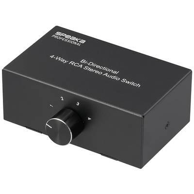 Čierny, obdĺžnikový RCA stereo audio prepínač so štyrmi kanálmi. Na prednej strane je otočný gombík na výber kanála.