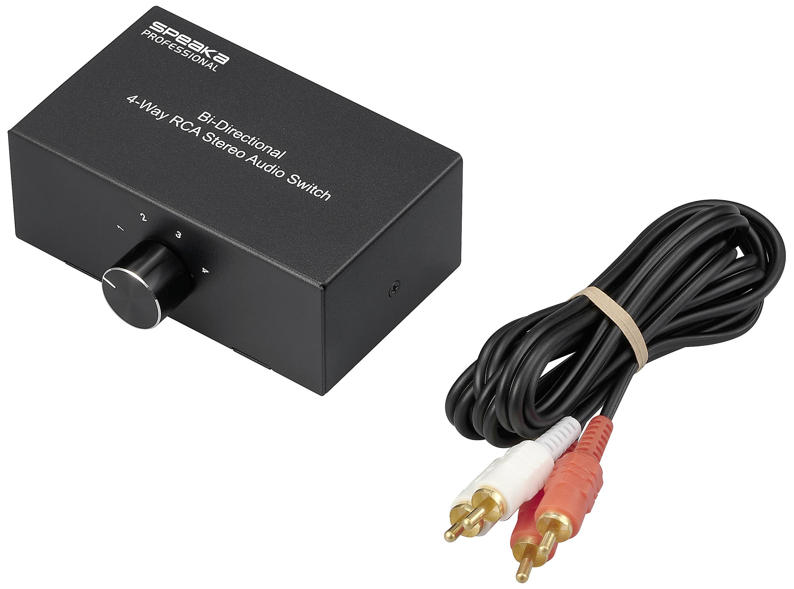 Vedľa kábla s červenými a bielymi konektormi je zobrazený čierny stereo audio prepínač RCA s otočným gombíkom.