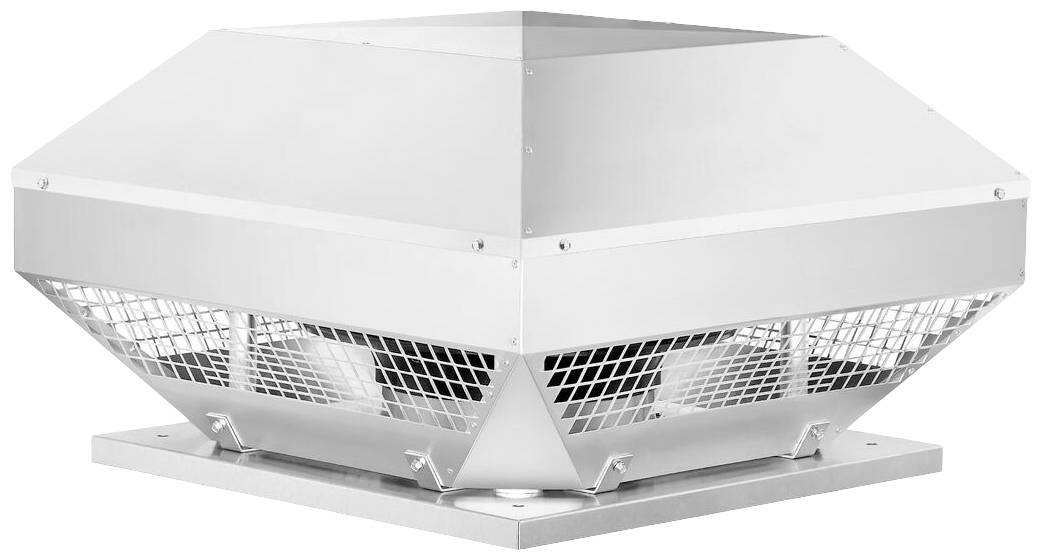Veľký štvorcový strieborný strešný ventilátor so mriežkou na vetranie. Namontovaný na štvorcovej základni.