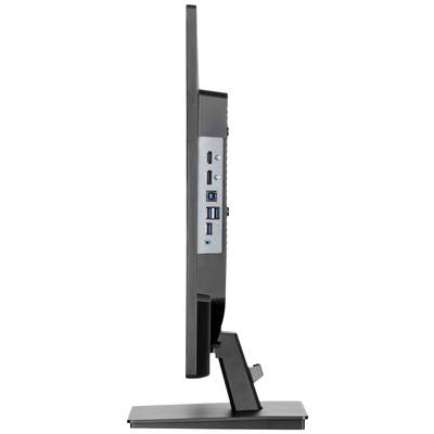 Pohľad zboku na počítačový monitor s viacerými portami vrátane HDMI a USB, upevnený na podstavci.