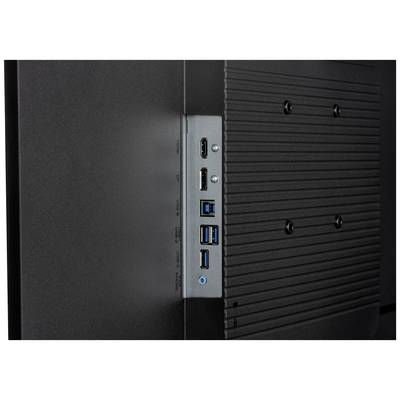 Pohľad zboku na monitor s viacerými konektormi vrátane HDMI, DisplayPort a USB.