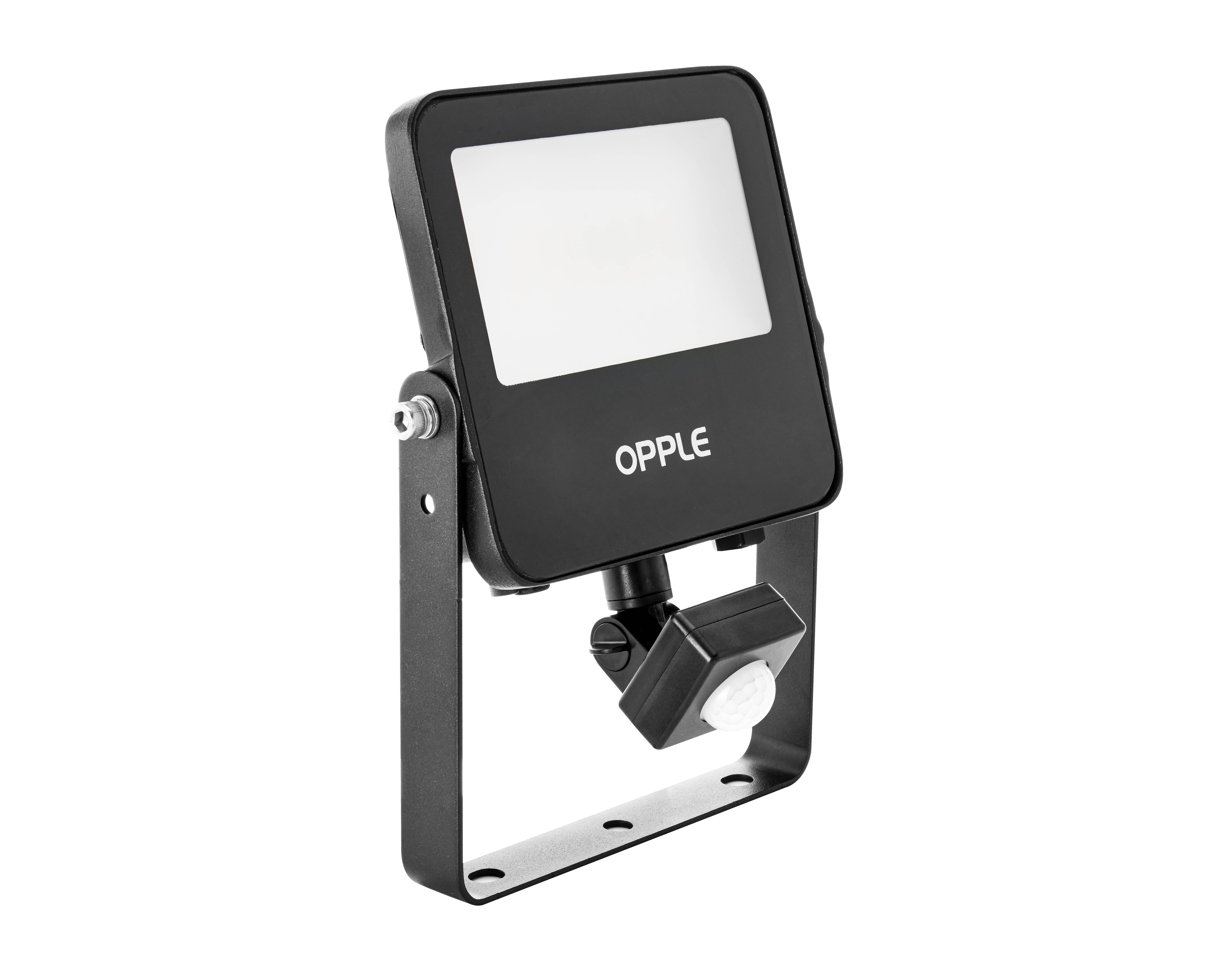 Čierny LED reflektor s nápisom 'OPPLE' na prednej strane, namontovaný na nastaviteľnom držiaku.