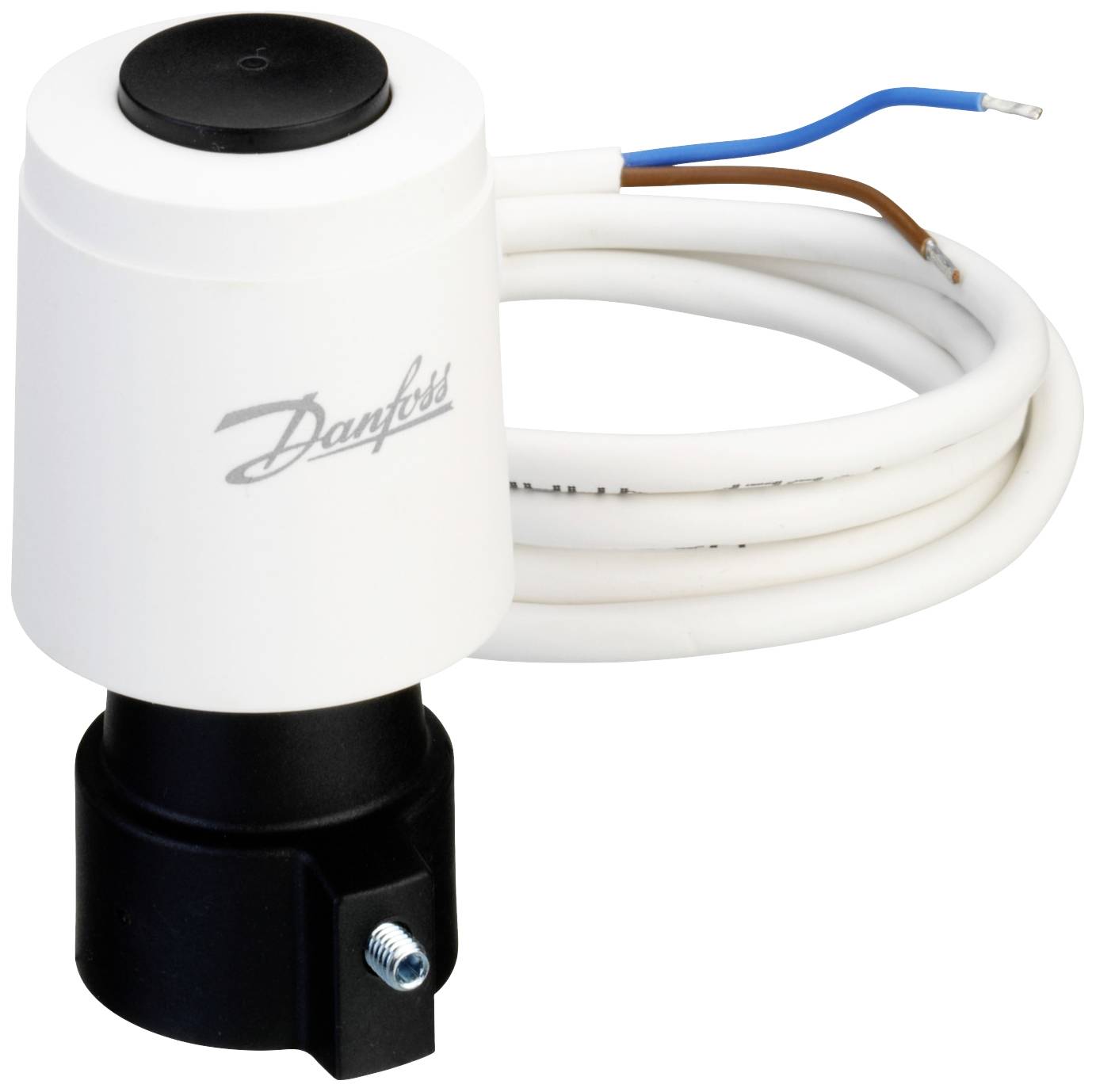 Elektrický ventil s káblami vyrobený spoločnosťou Danfoss. Má biele puzdro a používa sa v vykurovacích systémoch.