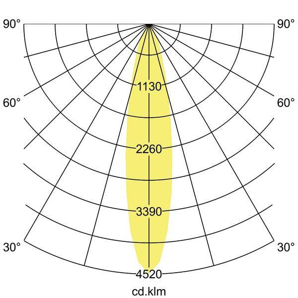 Polárny diagram zobrazuje rozloženie svetla svietidla s vysokou intenzitou pozdĺž vertikálnej osi, maximálna intenzita je 4520 cd.