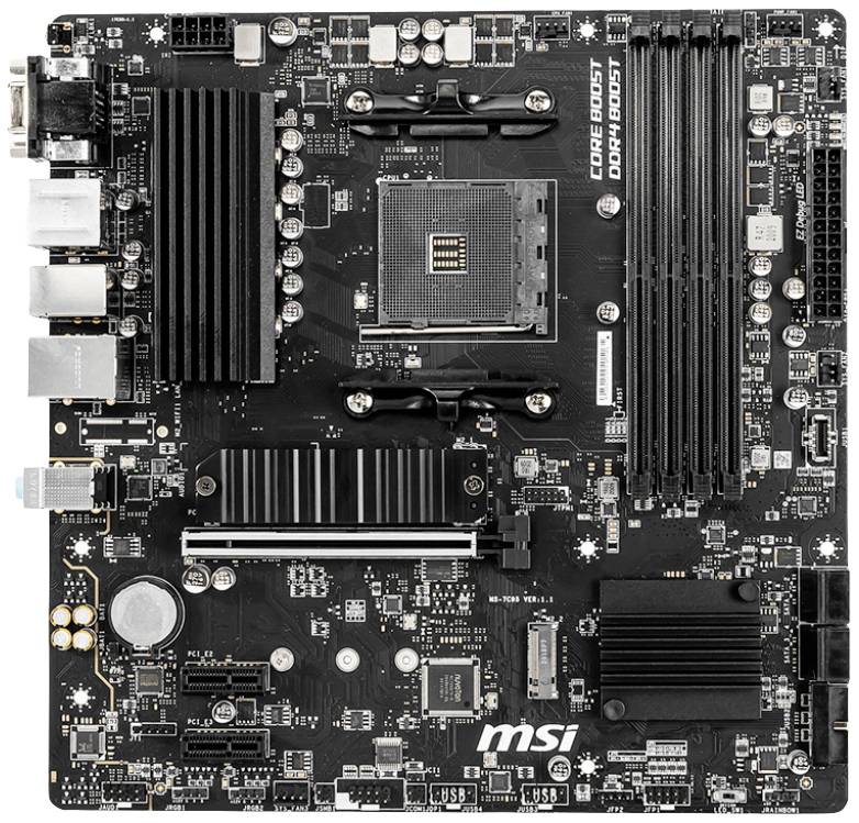 Základná doska z pohľadu zhora s viacerými PCIe slotmi, slotmi pre RAM a socketom procesora v strede. Logo značky dole.