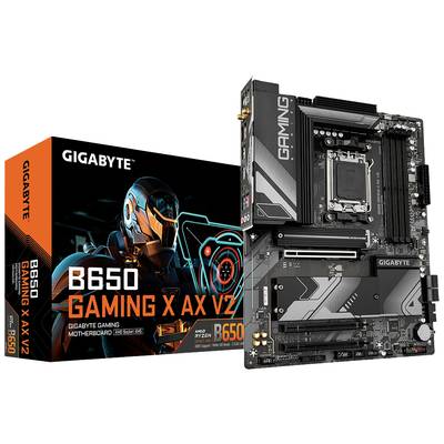 'GIGABYTE B650 GAMING X AX V2': Balenie s robotickým motívom a základná doska vedľa neho. Vhodná pre AMD Ryzen 7000 sériu.