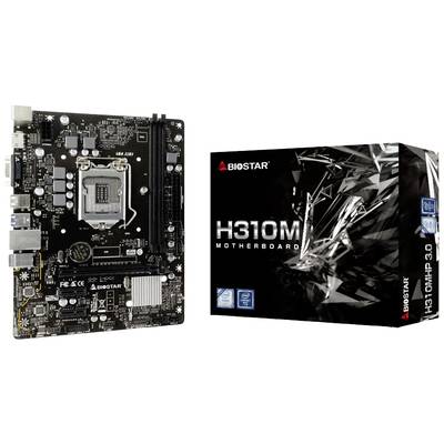 Hlavná doska od spoločnosti Biostar, model H310M, je zobrazená vľavo, vedľa nej je príslušný obal produktu s rovnakým názvom modelu.
