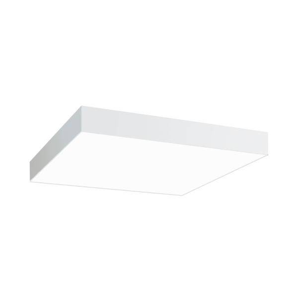 Biela štvorcová stropná lampa na bielom pozadí.