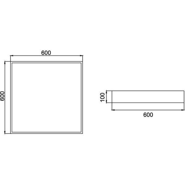Obrázok štvorcového objektu s rozmermi 600 x 600 mm zhora a hĺbkou 100 mm z bočného pohľadu.