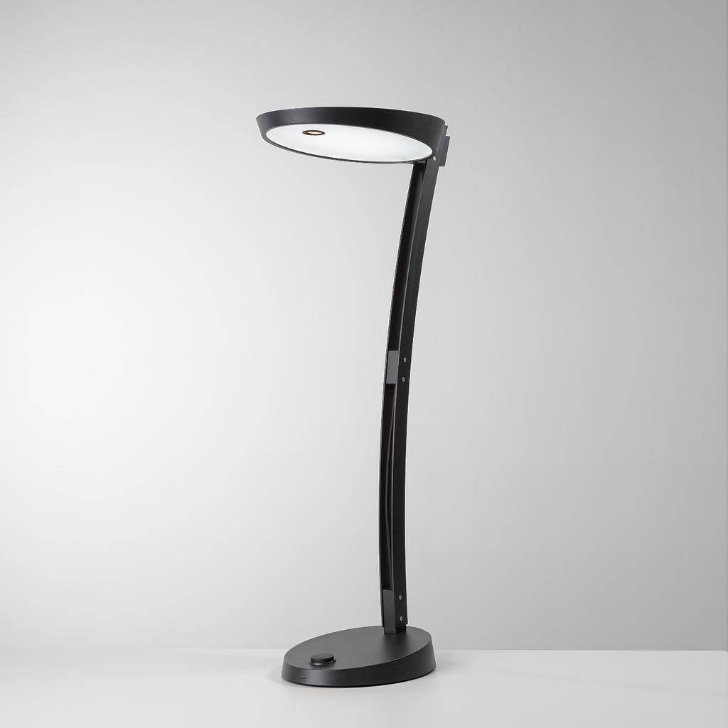 Čierna, moderná stolná lampa s ohnutým ramenom stojí na sivom pozadí.