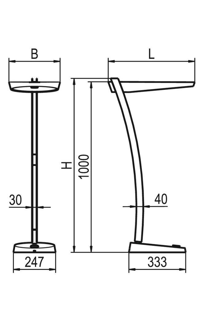 Technický výkres stojacej lampy s rozmermi: výška 1000 mm, šírka 247 mm, dĺžka 333 mm.