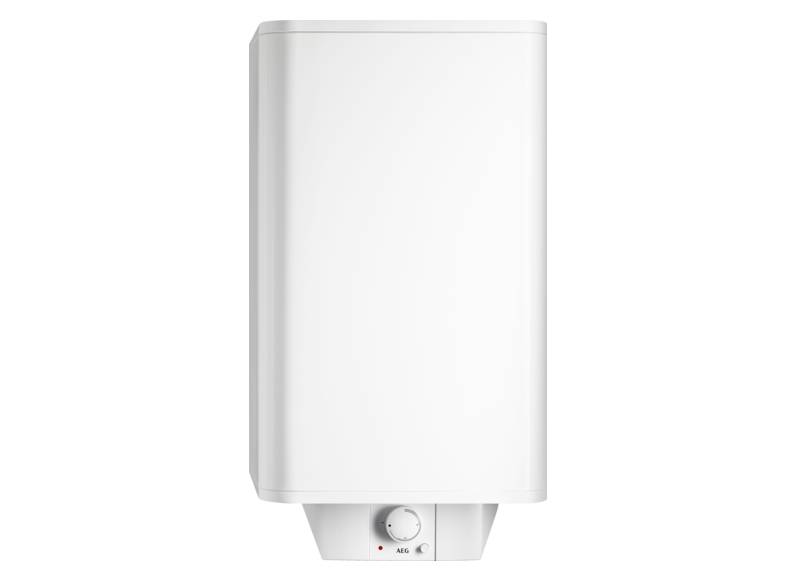 Biely, obdĺžnikový elektrický ohrievač vody s regulátorom a LED displejom dole. Ideálny na zavesenie na stenu vo vnútorných priestoroch.