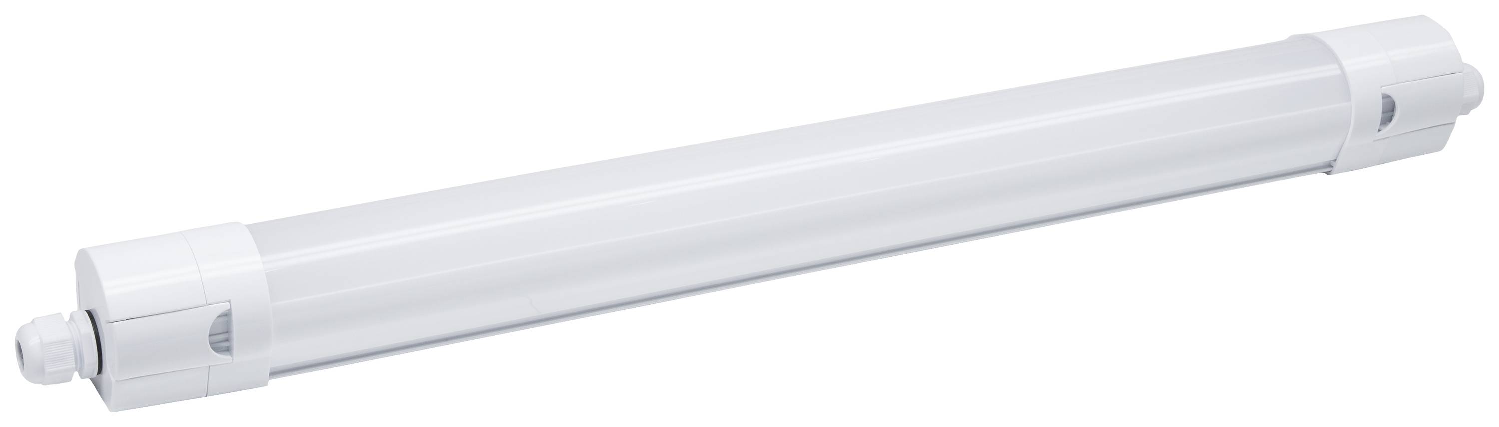Biela LED trubica valcovitého tvaru s plochými koncovými krytmi, umiestnená na bielom pozadí.