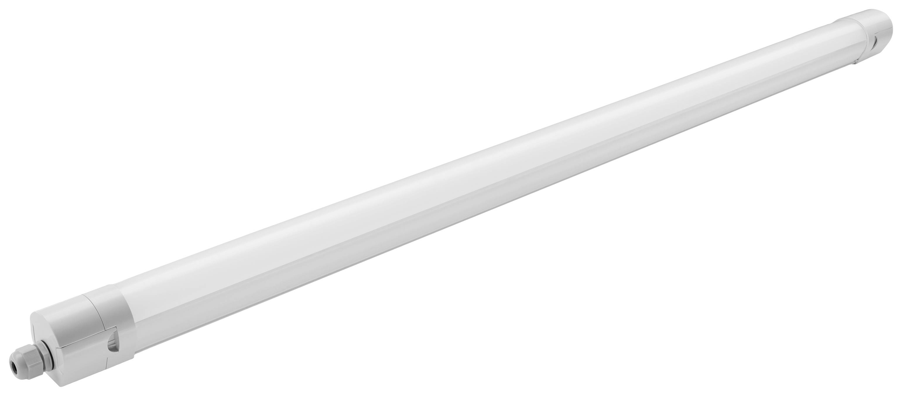 Dlhá biela LED trubica, valcovitého a pravidelného tvaru, je zobrazená diagonálne na neutrálnom pozadí.