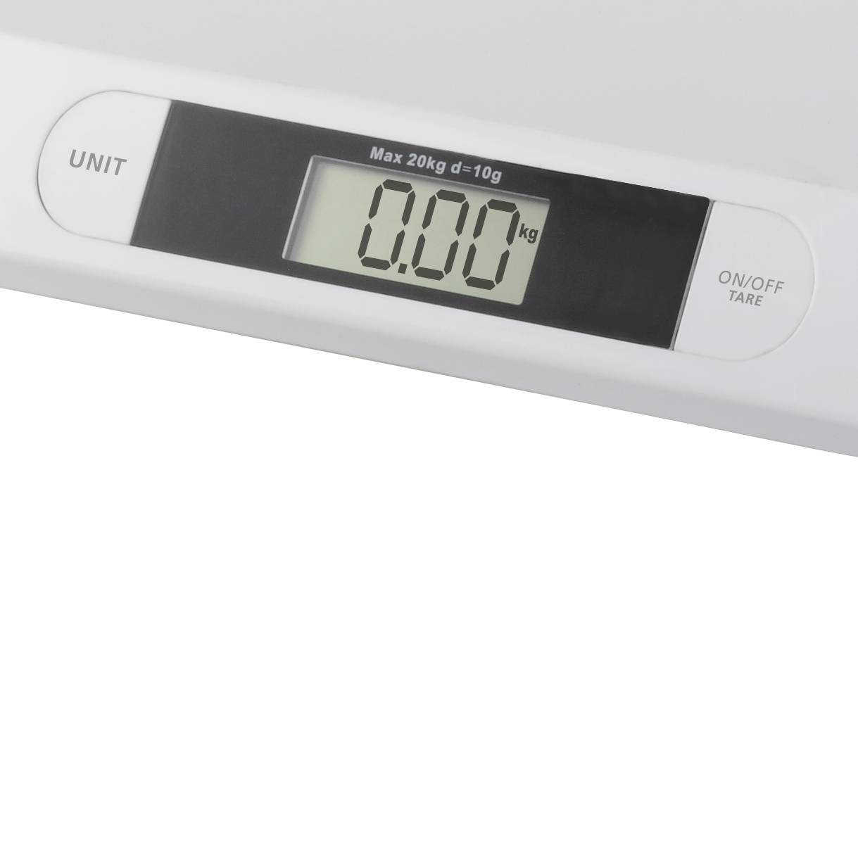 Elektronická kuchynská váha s digitálnym displejom zobrazuje '0,00 kg', tlačidlá pre výber jednotiek a zapnutie/vypnutie. Maximálna kapacita 20 kg.