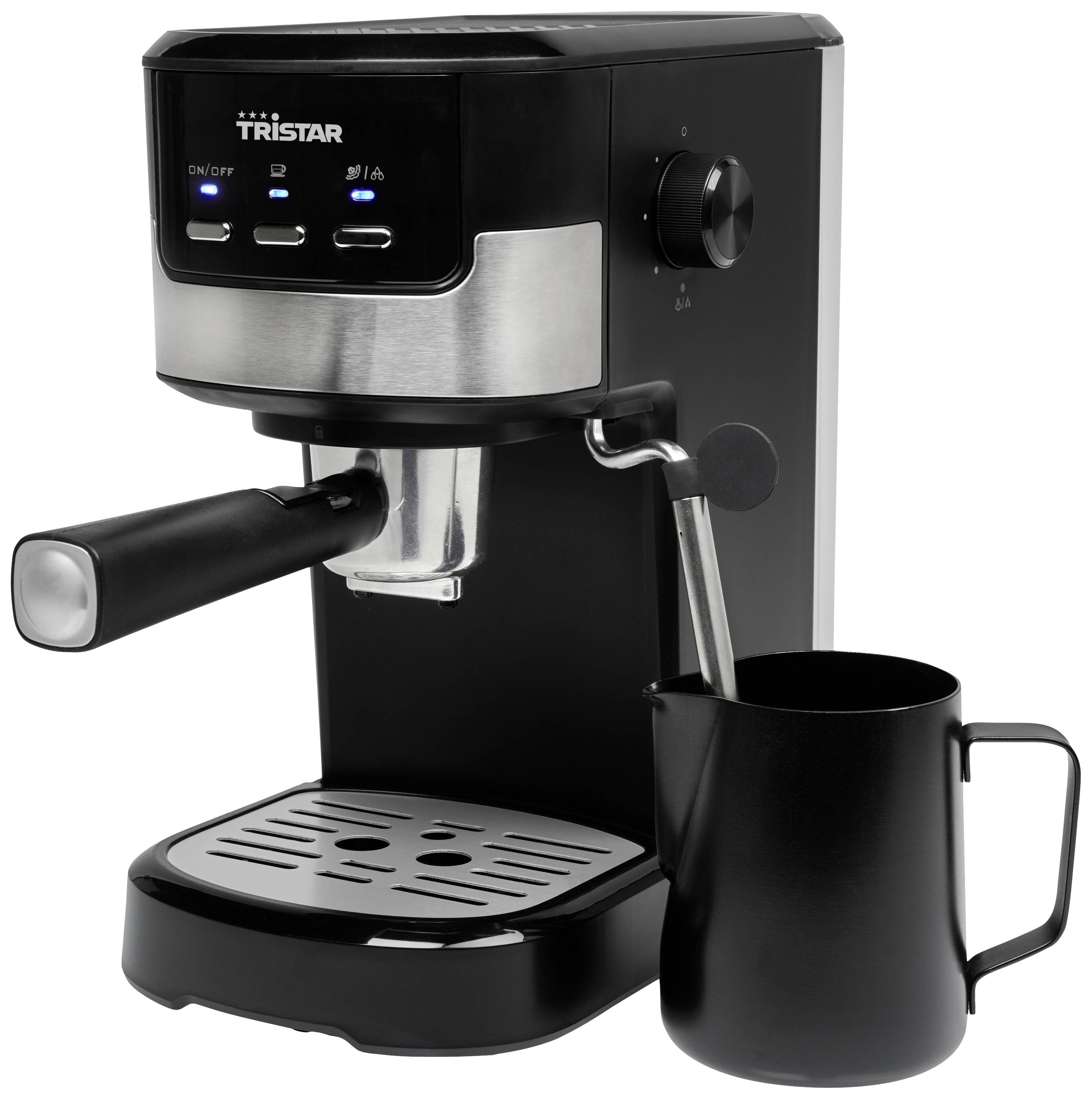 Pákový espresso stroj s držiakom filtra a kanvičkou na mlieko, s čiernymi a striebornými detailmi. Ovládacie prvky: Zapnutie/Vypnutie, káva, para.