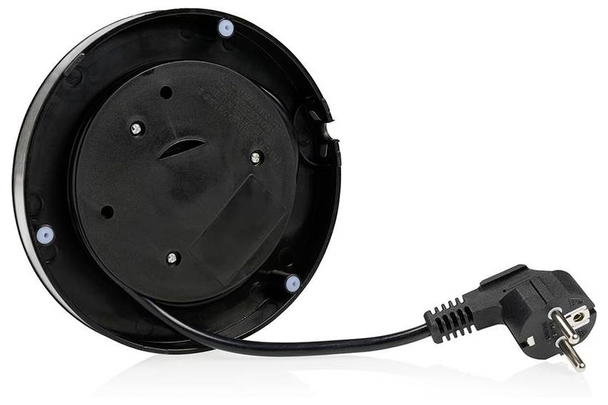 Elektrický spotrebič so základňou, napájacím káblom a zástrčkou, zobrazujúci spodnú stranu so stabilizačnými úchytmi a konektorovými portami.