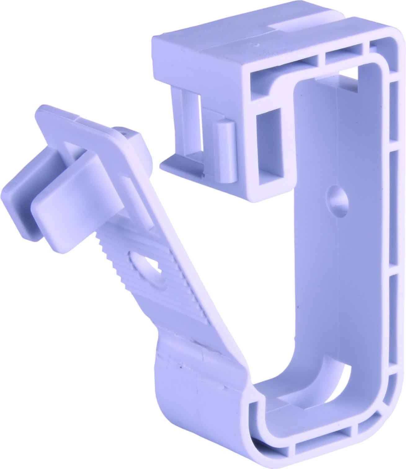Plastová kabelová svorka, biela, na upevnenie a vedenie káblov na stenách alebo stropoch.