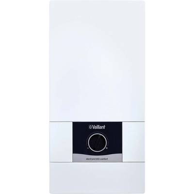 Biely elektronický prietokový ohrievač s logom Vaillant, okrúhlym nastavovacím ovládačom a nápisom 'electronicVED comfort'.