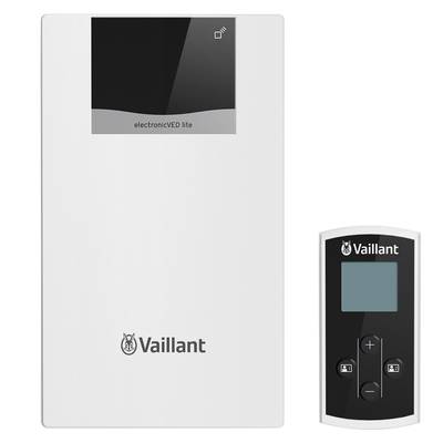 Elektronický prietokový ohrievač značky Vaillant s samostatným digitálnym ovládacím panelom. Zariadenie má nápis 'electronicVED lite'.