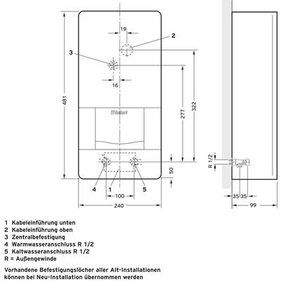 Diagram vykurovacieho zariadenia s rozmermi a detailmi pripojenia; znázorňuje elektrické a vodné prípojky pre inštalačné účely.
