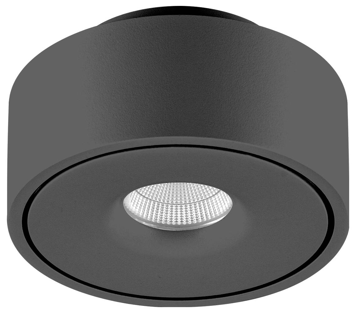 Čierna valcovitá stropná lampa s zapusteným centrálnym LED objektívom na bielom pozadí.