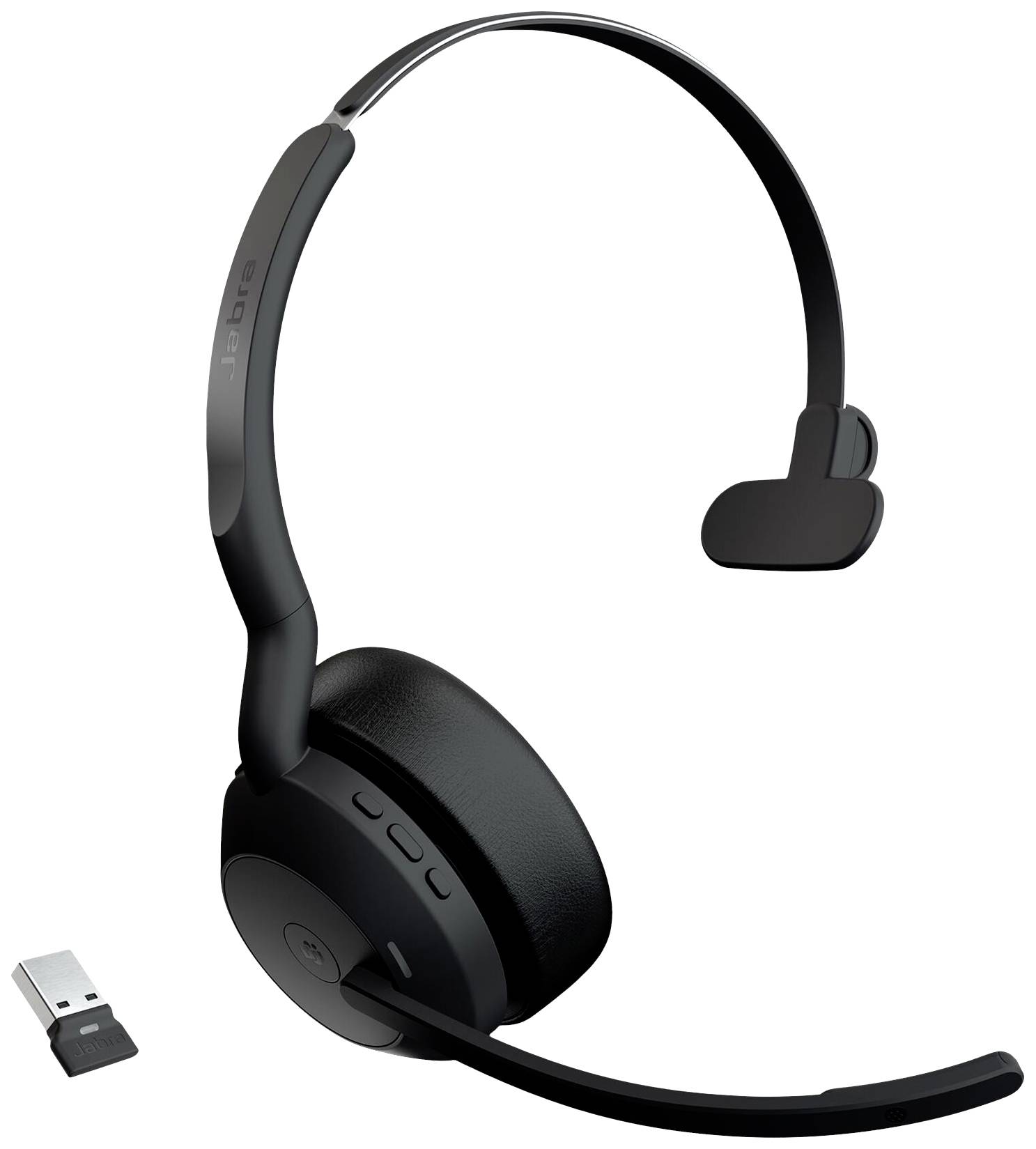 Čierna bezdrôtová headset so USB dongľom, vhodná pre telefonické konferencie a hudbu, zobrazujúca mikrofón a jeden ušný vankúšik.