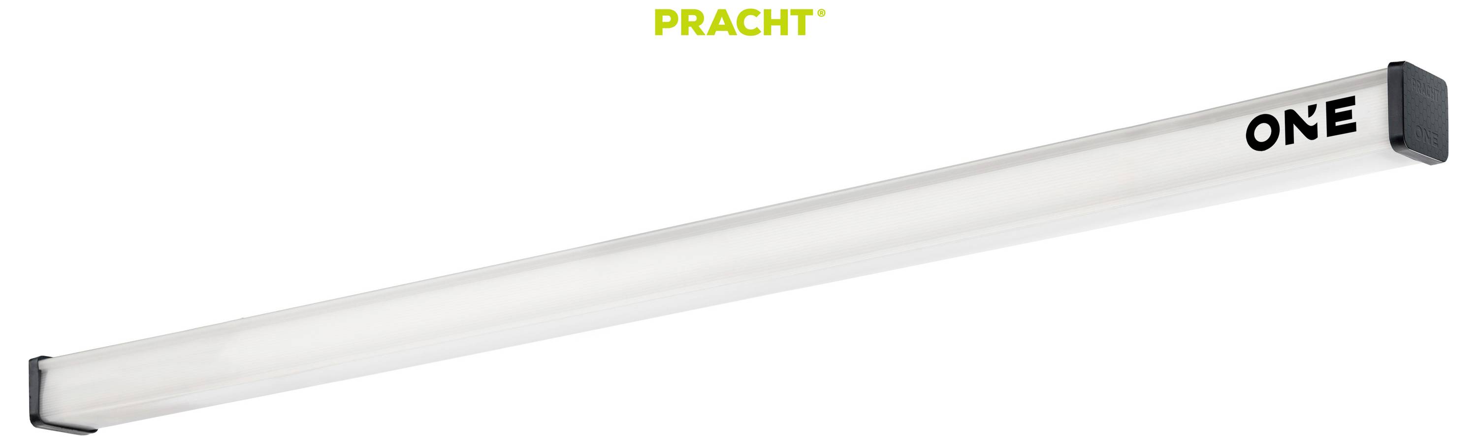 Dlhé, štíhle LED svietidlo označené nápisom "ONE" so slovom "PRACHT" nad ním, prezentujúce minimalistický, moderný dizajn.