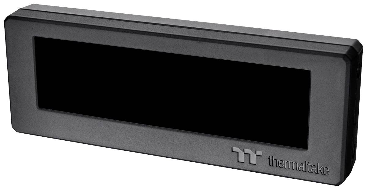 Pravouhlý LCD displej Thermaltake, čierny, s logom značky v pravom dolnom rohu.