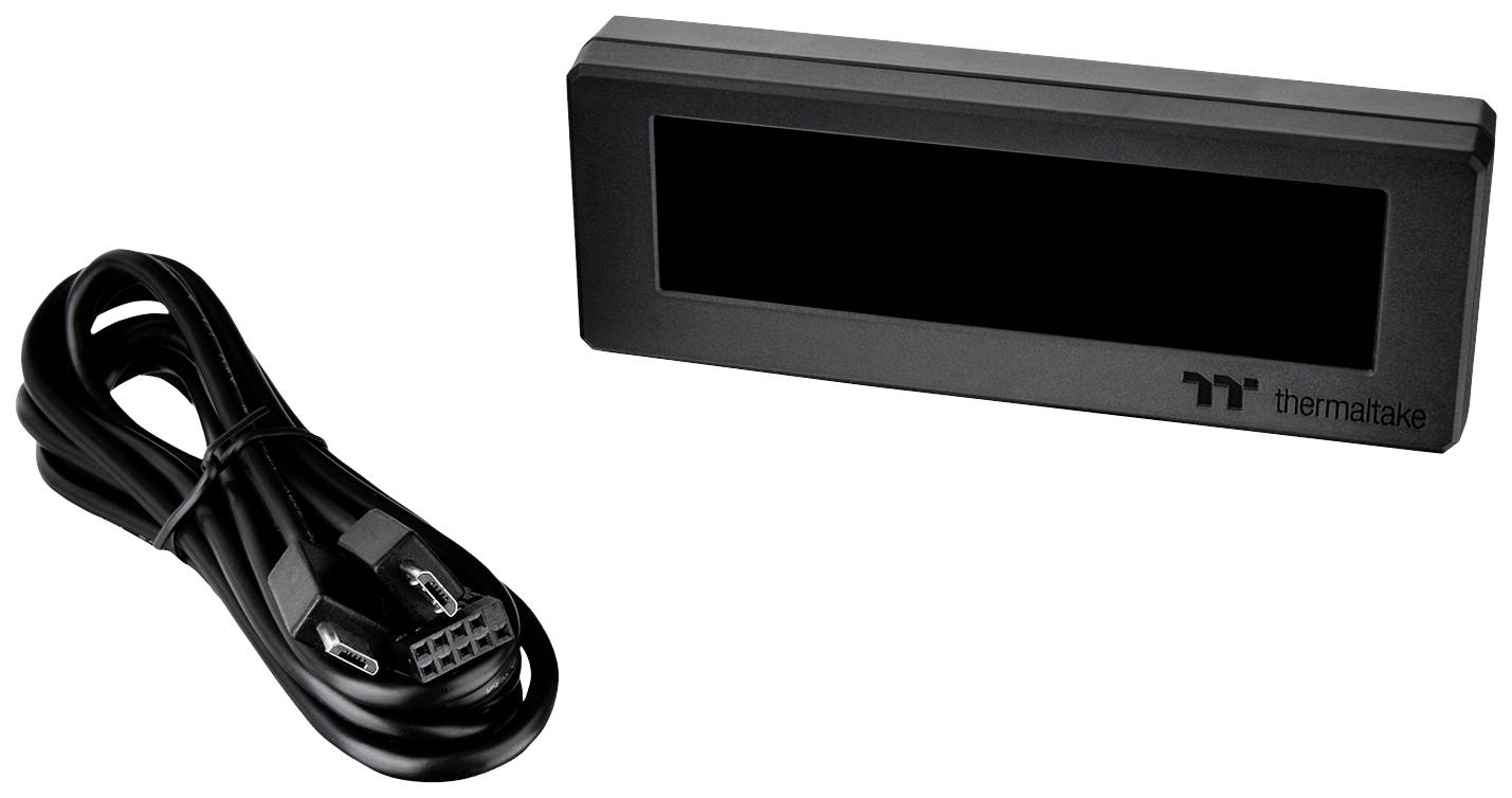 'LCD displej značky Thermaltake s USB káblom vedľa neho. Displej je obdĺžnikový a bez podsvietenia.'