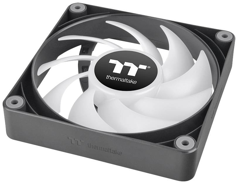 Biely počítačový ventilátor od spoločnosti Thermaltake, s čiernym rámom, ktorý má logo v strede. Vhodný na chladenie počítačov.