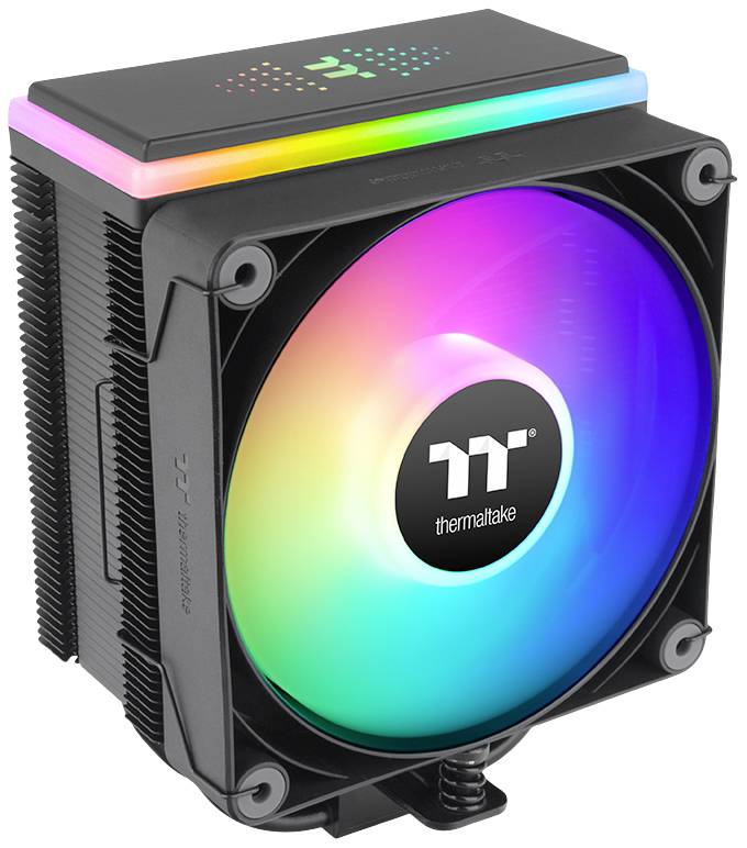 Chladič s ventilátorom a RGB podsvietením od Thermaltake. Elegantne navrhnutý chladič pre počítač s viacfarebným svietiacim ventilátorom.