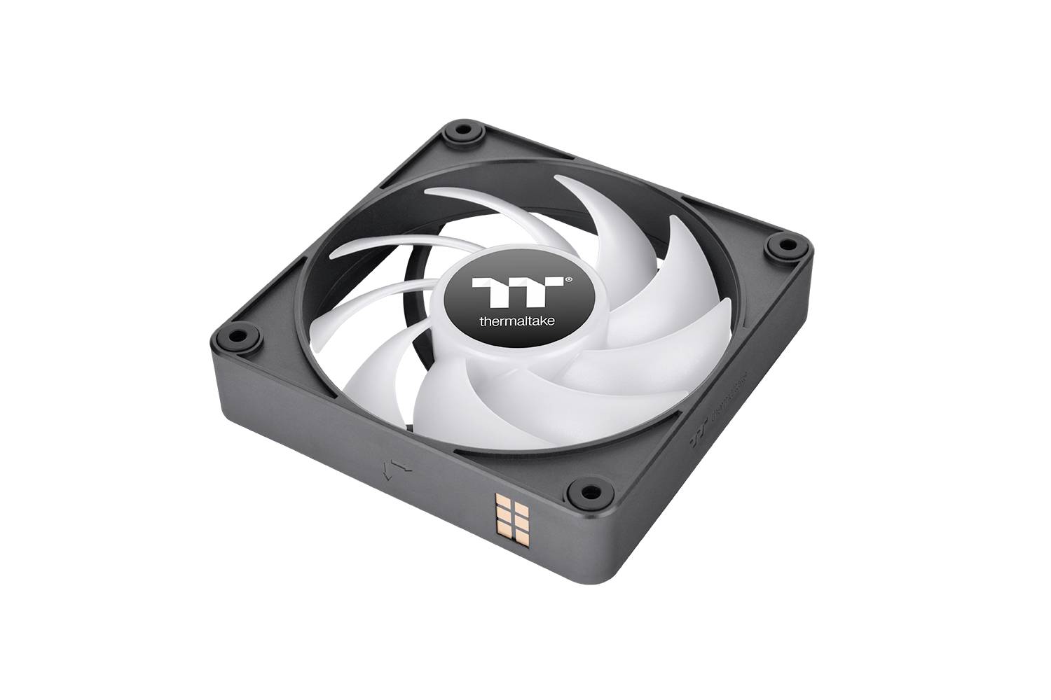 Štvorcový počítačový ventilátor so čiernym rámom a bielymi lopatkami, vyrobený spoločnosťou Thermaltake.