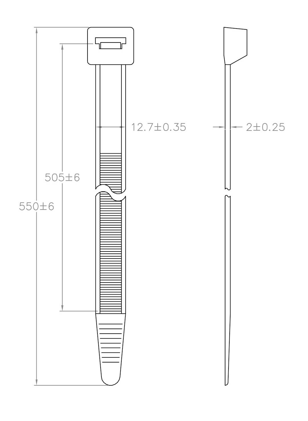 Technický výkres plastového káblového zväzku so rozmermi: dĺžka 550±6 mm, šírka 2±0,25 mm, uzáver 12,7±0,35 mm. Bočný a čelný pohľad.