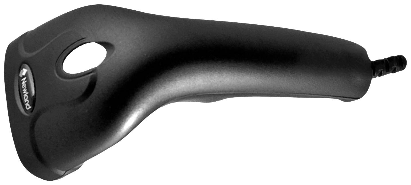 Na obrázku je čierny ručný skener s ergonomickou rukoväťou a káblovým pripojením.