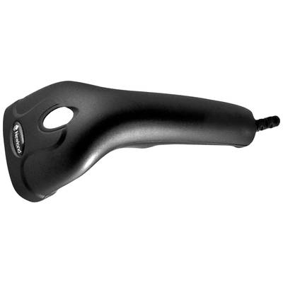 Na obrázku je čierny ručný skener s ergonomickou rukoväťou a káblovým pripojením.