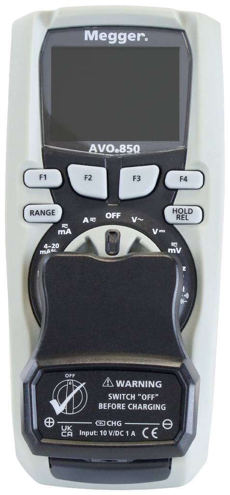 Digitálny multimeter, model Megger AVO.850, zobrazuje namerané hodnoty. Má ovládacie tlačidlá a veľký otočný prepínač na nastavenie.