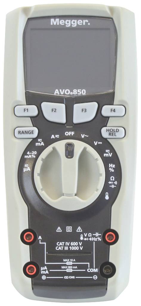 Digitálny multimeter 'Megger AVO 850' s LCD displejom. Disponuje voličom rozsahov a tlačidlami na nastavenie rôznych meracích funkcií.