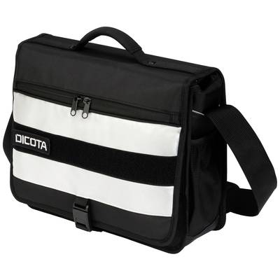 Čierna a biela messenger taška so zipsom a sponou. Má rukoväť a logo 'Dicota'.