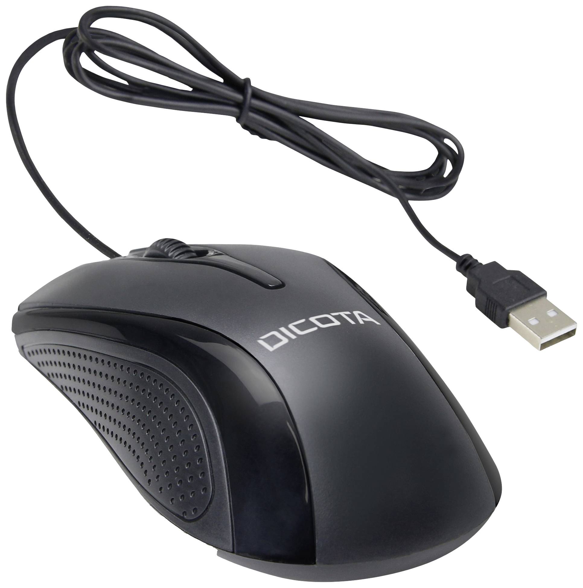 Čierna káblová počítačová myš s USB pripojením, ergonomický dizajn a štruktúrovaný bočný povrch. Názov značky 'Dicota' na hornej strane.