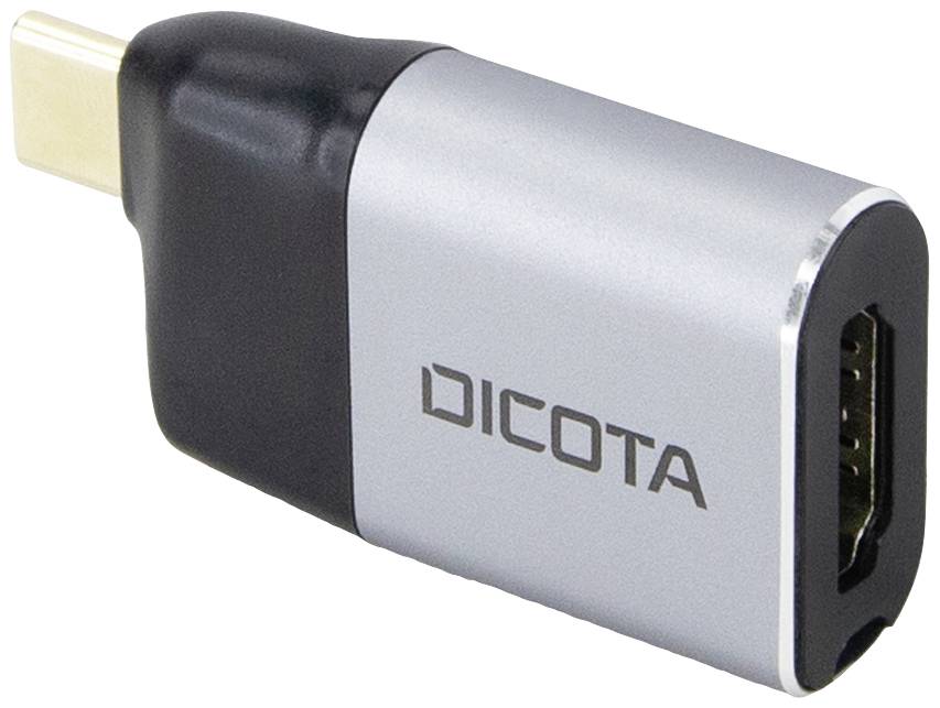 USB-C na HDMI adaptér v čiernej a sivej farbe, vhodný na prepojenie zariadení s HDMI displejmi. Značka: Dicota.