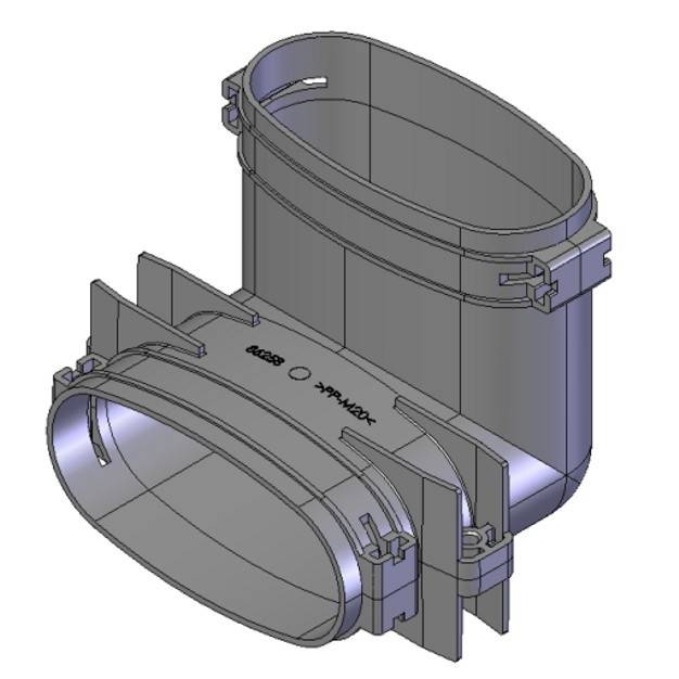 3D rendering plastového oválneho potrubia s dvoma otvormi. Potrubie zobrazuje detaily svoriek a upevňovacích prvkov.