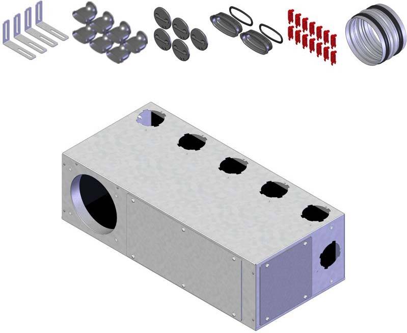 Kovový box s kruhovými a obdĺžnikovými otvormi, obklopený kovovými a plastovými komponentmi na montáž alebo modularitu.